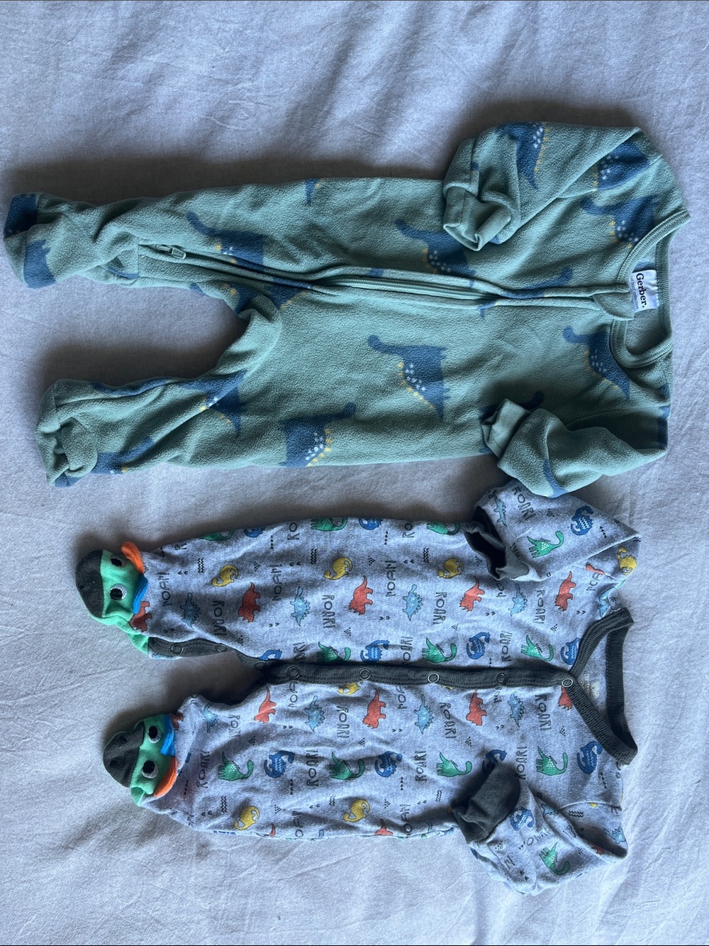 Green Dinosaur Footed Pajama and Gray Dino Print Footies Set of 2